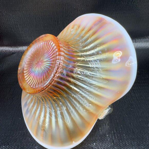 Dugan Caroline Peach Opal Opalescent Carnival Glass Handled Basket Bowl Antique - Picture 9 of 16